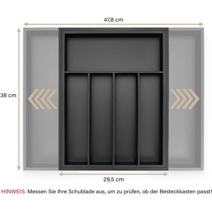 Органайзер для кухонних шухляд Besteckkasten #47 (глибина 47 см) з бамбука - чорний, висувний, для порядку в кухні