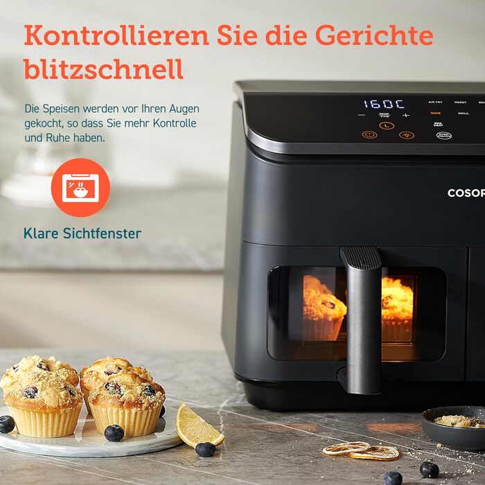 Фритюрниця з двома камерами COSORI Airfryer 8,5 л, 8-в-1, подвійна зона, з віконцем, енергозберігаюча, для 1-5 осіб, чорна