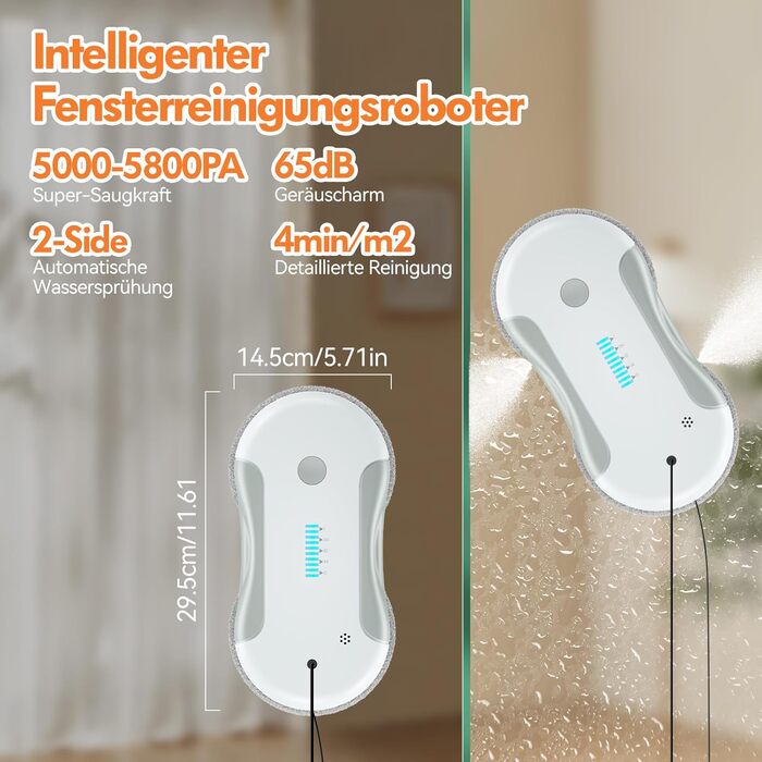 Робот для миття вікон Dual Spray, автоматичний, 5800Pa, з резервуаром 80 мл, для внутрішніх та зовнішніх вікон, сіро-білий