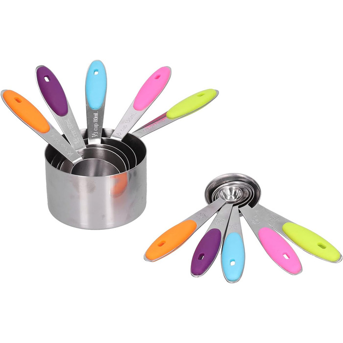 10-Piece Measuring Cup and Spoon Set, Stainless Steel Measuring Spoon Set with Silicone Handle and Scale, Measuring Cup Spoon Set in Various Sizes, for Home (16.5oz-Color)
