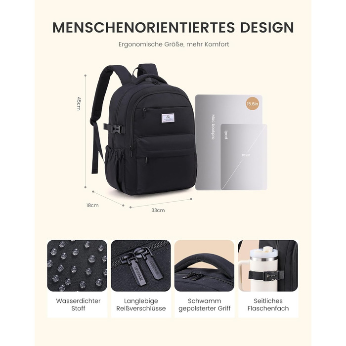 LOVEVOOK Рюкзак для жінок, 15.6 дюймів, рюкзак для ноутбука, шкільний рюкзак для дівчаток-підлітків, водонепроникний, з багатьма відділеннями, сучасний рюкзак для роботи, школи, подорожей, чорний