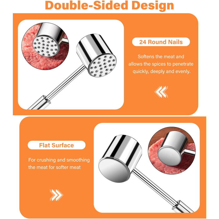 Fleischhmmer Bixury 27 см з нержавіючої сталі: подвійний молоток для м'яса з ребристою поверхнею для шніцелів, котлет, стейків, яловичини, свинини, курки (срібний)