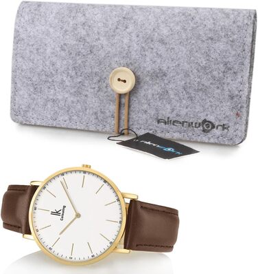 Годинник Alienwork IK Slim Ø36mm на шкіряному ремінці (Золото/Білий/Коричневий ремінець) для чоловіків та жінок