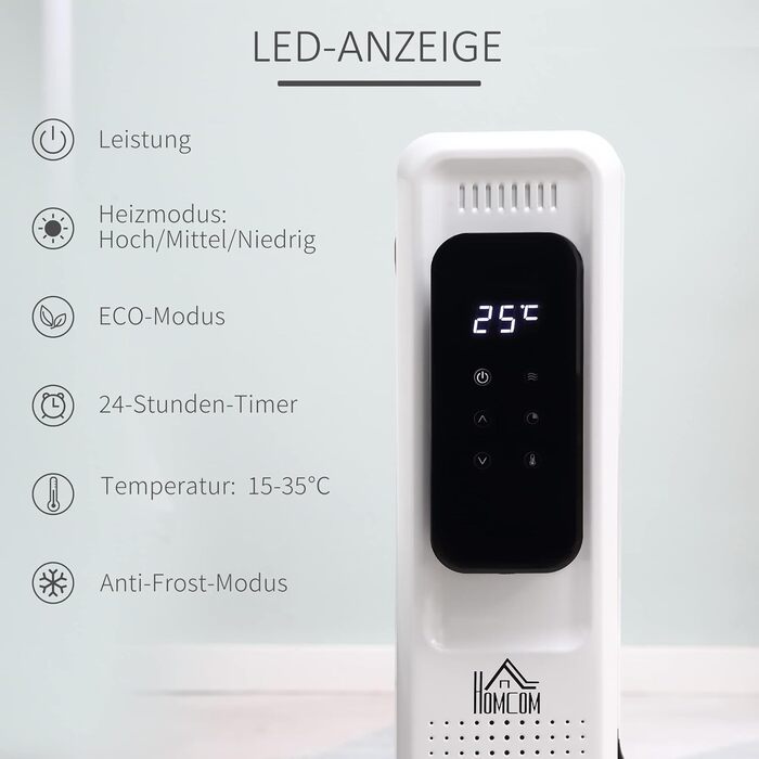 HOMCOM Портативний масляний радіатор з електронагрівом, 2500W, 3 режими, таймер, 11 секцій, білий, сталь, 50.5 x 24 x 63 см