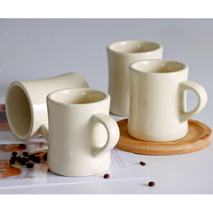Retro coffee cup set with handle, for coffee, tea, hot chocolate, milk, latte (crema), 284 ml, set of 4