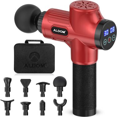 ALDOM Massage Gun - Electric Muscle Massager with 30 Speed Settings & 8 Attachments - Red