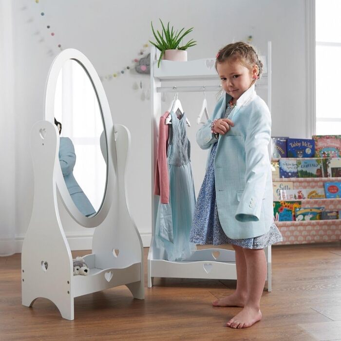 Standing Mirror for Children aged 3-7, Wooden Children's Mirror for Girls' Room, Mirror for Children's Room, Children's Mirror with Storage, Girls' Freestanding Standing Mirror White, Christmas Gifts