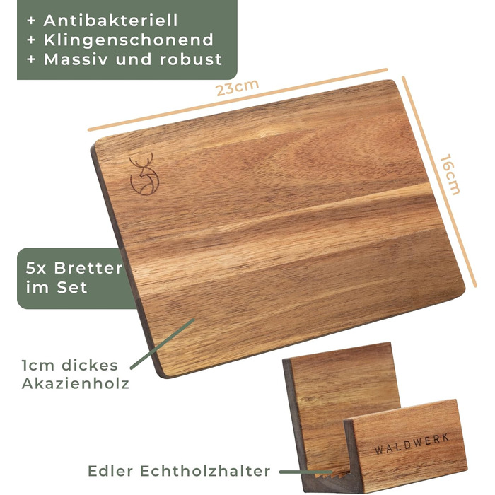 WALDWERK Breakfast Boards Set of 5 (23 x 16 x 1 cm) made of solid acacia wood - Wooden breakfast boards with stand - 5 wooden cutting boards - Boards perfect for breakfast