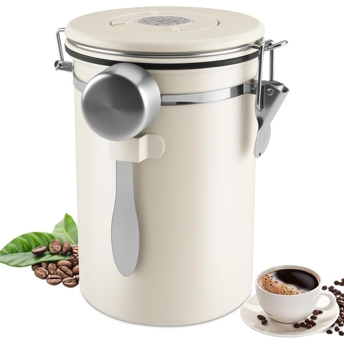 Герметична кавова банка з нержавіючої сталі 304, 1.8 л, з ложкою та індикатором свіжості для кави, чаю, горіхів, какао (біла)