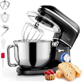 Fentic 2000W Stainless Steel Stand Mixer - 6.2L Bowl with Dough Hook, Whisk, Beater & Splash Guard - Includes Accessories (Black)