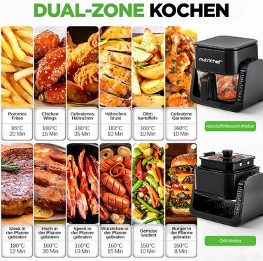 Фритюрниця NutriChef з гарячим повітрям, XXL 8л, подвійна камера, вікно огляду, max 360°C, 9 програм, антипригарне покриття, можна мити в посудомийній машині, безжирова фритюрниця, гриль, випічка, 1700W (4л - чорний)