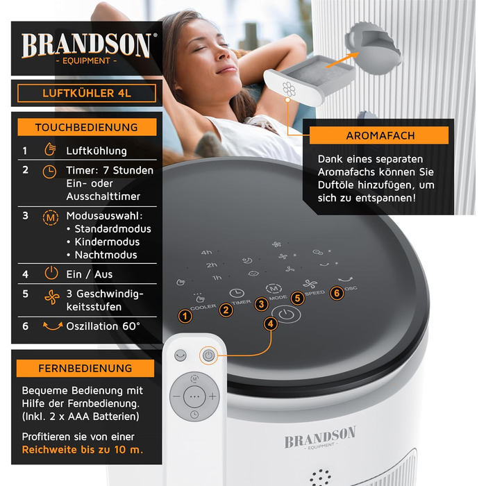 Brandson Вентилятор з водяним охолодженням 5-в-1: Повітряний охолоджувач, мобільний кондиціонер без шланга, тихий, 4.7л, білий (102 см)