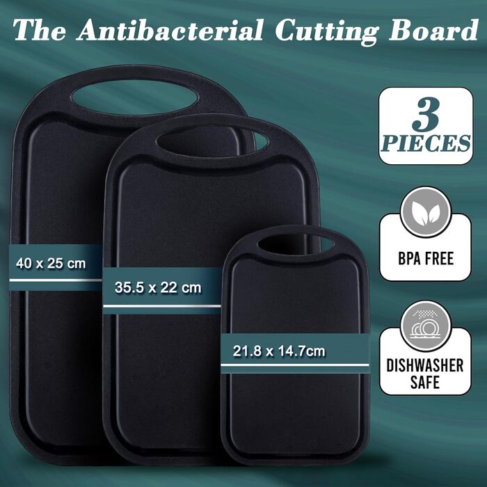 Набір з 3 дерев'яних обробних дощок Hunnycook: велика, середня, маленька, з жолобками для соку, антибактеріальні, чорні, BPA-free, для миття в посудомийній машині