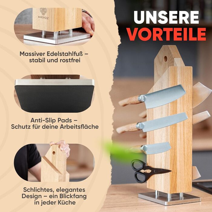 MARSHOLZ Knife Block without Knives, Magnetic [Integrated Sharpener] Knife Holder for Everyone | View Pictures Now
