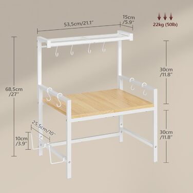 Поличка для мікрохвильової печі, кухонна поличка, 2 яруси, з підставкою для обробної дошки, органайзер з 8 гачками, коричнева, ABRBN5301