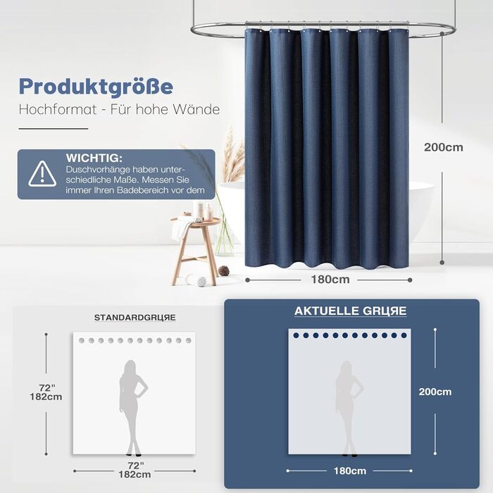 Шторка для душу BTTN, вафельна тканина, 180x200 см, антигрибкова, важка, водонепроникна, з 12 гачками, зелена, преміум-якість