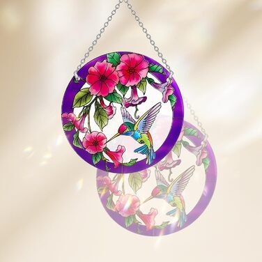 Stained Glass Window Hanging, Hummingbird Gifts for Women, Bird and Flower Window Sun Catcher, 6 inches, Purple Sun Catcher, Hand-Painted Glass for Bird Lovers (6 inches)
