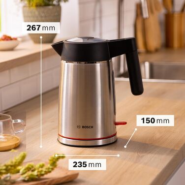 Електричний чайник Bosch MyMoment TWK6M480 з автоматичним відключенням, захистом від перегріву, показом об'єму, функцією SteamStop, захистом від сухого кипіння, знімним фільтром від накипу, 1,7 л, 2400 Вт, нержавіюча сталь