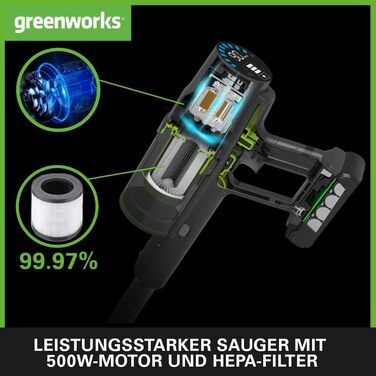 Бездротовий акумуляторний пилосос Greenworks GD24SV 5-в-1, 500W, 45 хв роботи, HEPA-фільтр, насадка для шерсті тварин, 3 режими потужності (без акумулятора та зарядного пристрою)