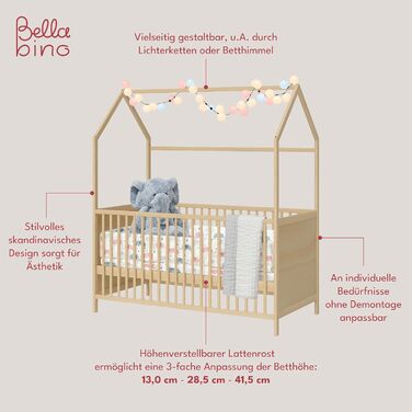 Bellabino Nika Babybett in House Design 70 x 140 cm, cot and house bed for children and babies made of solid pine wood in natural finish, 3-fold height adjustable including slatted base.