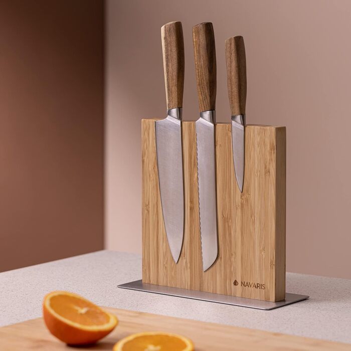 Navaris Double-Sided Magnetic Knife Holder made of Bamboo - Magnetic Knife Block, Knife Board, Double-Sided Magnetic Knife Holder - Unfilled Knife Holder