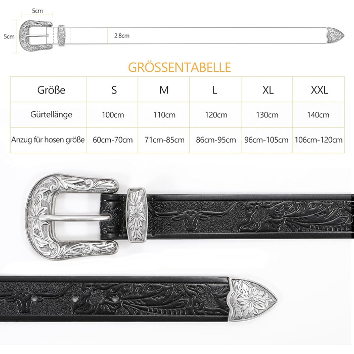 Жіночий шкіряний ремінь JasGood для джинсів та штанів. Вінтажний стиль, Західний дизайн. Розміри: M (110 см), XXL (140 см)