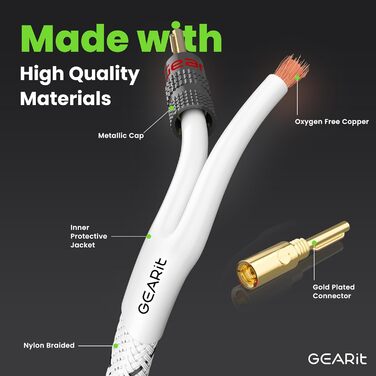 Акустичний кабель GEARit з банановими штекерами 12 AWG, 10.7 м, OFC CL2, плетений для Hi-Fi, домашнього кінотеатру, підсилювачів (Золотий)