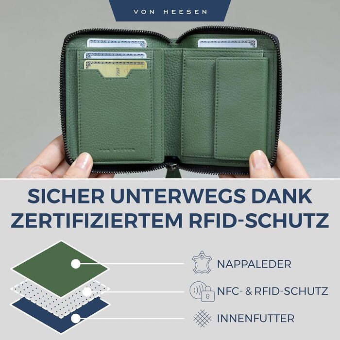 VON HEESEN гаманець з натуральної шкіри з RFID-захистом, зелений, для чоловіків і жінок, з монетницею