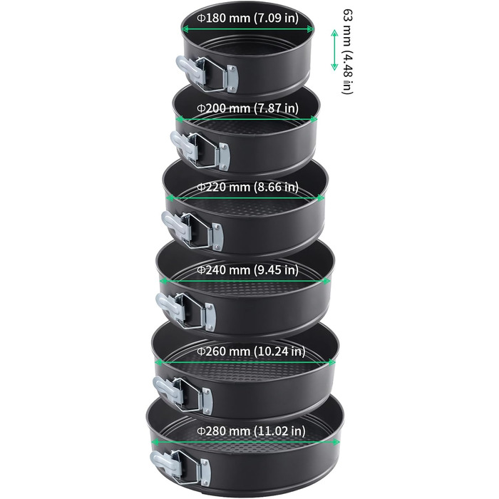 Набір форм для випічки FUNSUEI 6 шт. (18-28 см), круглі, чорні, з антипригарним покриттям та знімним дном