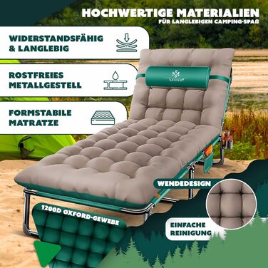 Ліжко похідне KESSER® складане з преміум-подушкою 190x68x30 см, до 250 кг, зелено-бежеве. З кишенею, підсклянником, для кемпінгу, гостей, в приміщенні/на вулиці