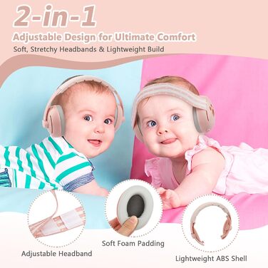 Дитячі навушники-навушники для захисту вух 2-в-1, 0-4 роки, захист від шуму, регульоване наголов'я, легка ABS-оболонка, рожевий