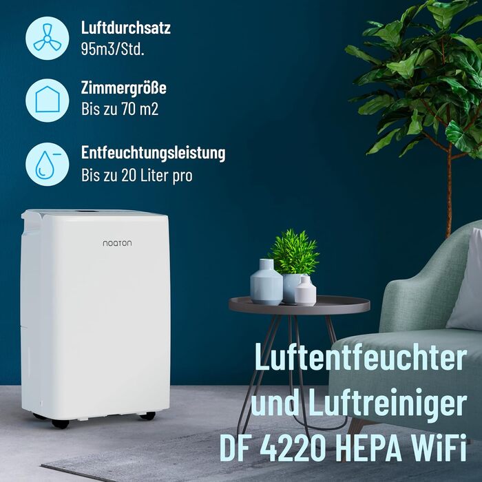 Noaton® DF 4115 WiFi HEPA осушувач та очищувач повітря: 15л/24г, 5 режимів, тиха робота, керування через додаток, 3 роки гарантії, для приміщень до 50 м²