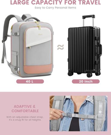 LOVEVOOK Рюкзак для ручної поклажі 40L, жіночий водонепроникний рюкзак для подорожей з відділенням для взуття, рюкзак для ноутбука (17.3 дюйми) сірий+рожевий+бежевий