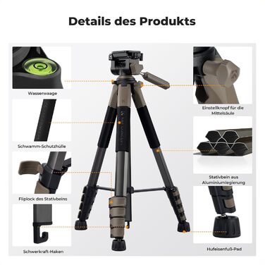 Штатив K&F Concept S255A3+BV01: Легкий штатив з сумкою, для камери/DSLR/Camcorder, з підтримкою смартфонів (190см, сірий)