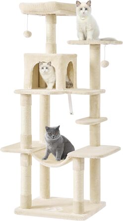 Кігтеточка для котів MSmask велика, багатоповерхова, з платформами, гамаком та сизалевими стовпчиками (бежева)