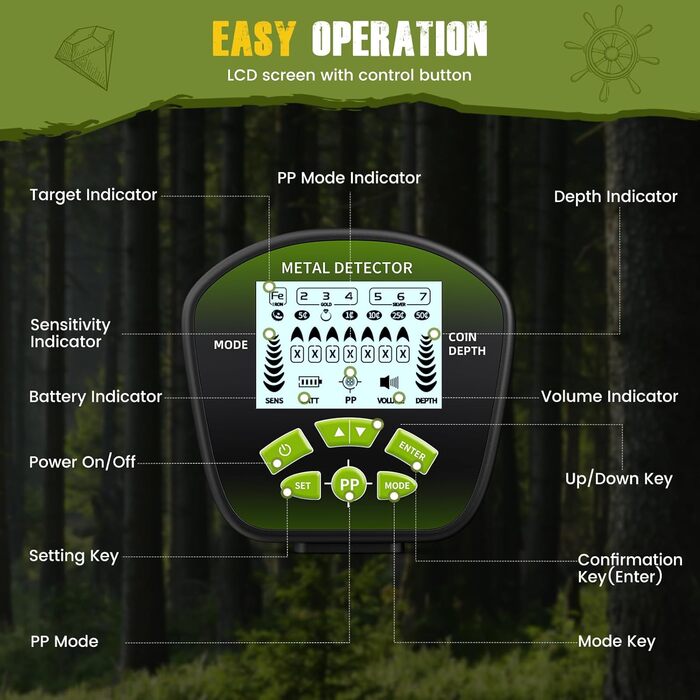 Металошукач з водонепроникною котушкою, регульована штанга, регульована довжина, чутливість та аудіо, легкий для дорослих та дітей, режими 'Всі метали', 'DISC', 'PP', LCD-дисплей