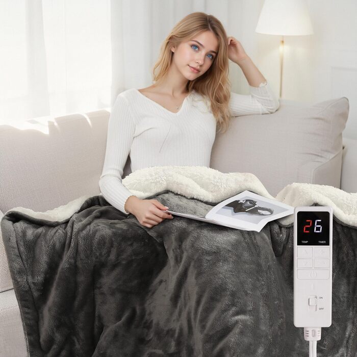 Електрична ковдра з автовимкненням 130x180 см, 9 режимів нагріву, таймер 9 годин, захист від перегріву, м'яка та приємна до тіла, для дому та офісу, чорна