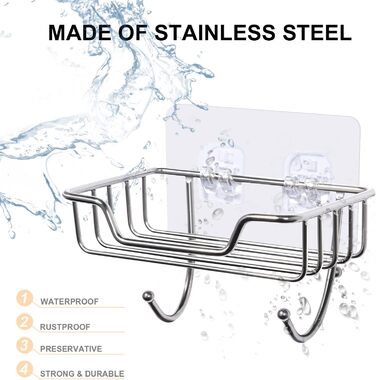 Тримач для мила без свердління Uten, нержавіюча сталь, самоклеючий, з 2 гачками, для мила та губки, для душу, ванної кімнати, кухні, сріблястий