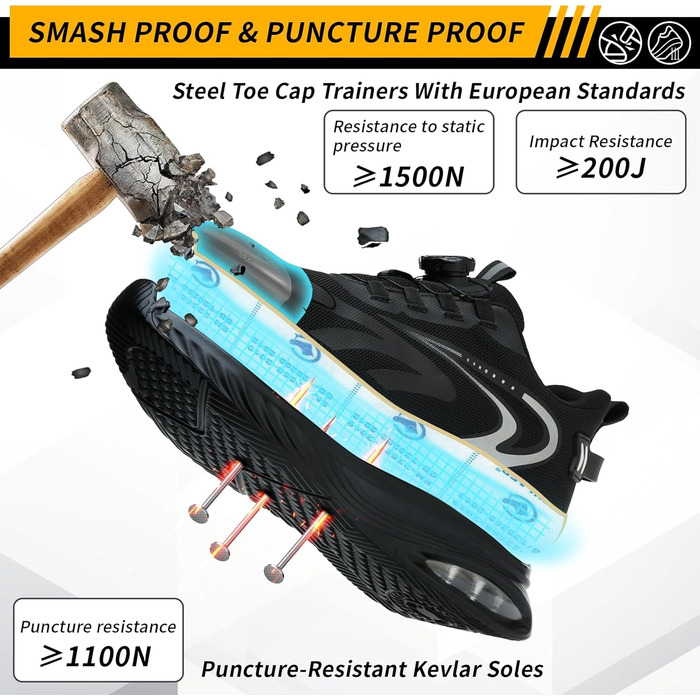 Черевики робочі чоловічі/жіночі, захисні, легкі, спортивні, дихаючі, на шнурках/з поворотним затвором, зі сталевим підноском, 47 EU, чорні