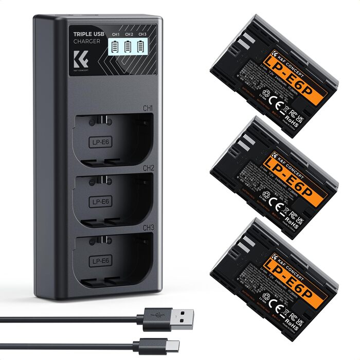 Акумулятор Canon LP-E6P (3 шт.) K&F Concept + Зарядний пристрій на 3 слоти, 2400mAh для Canon EOS R5, R6, R7, 5D Mark IV