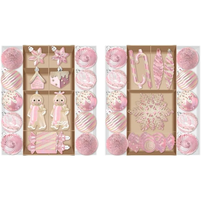 Набір прикрас на ялинку Shareconn 65 шт. - пластикові ялинкові кулі, міцні, з мотузкою, різні розміри та кольори (червоний, білий, рожевий, золотий)