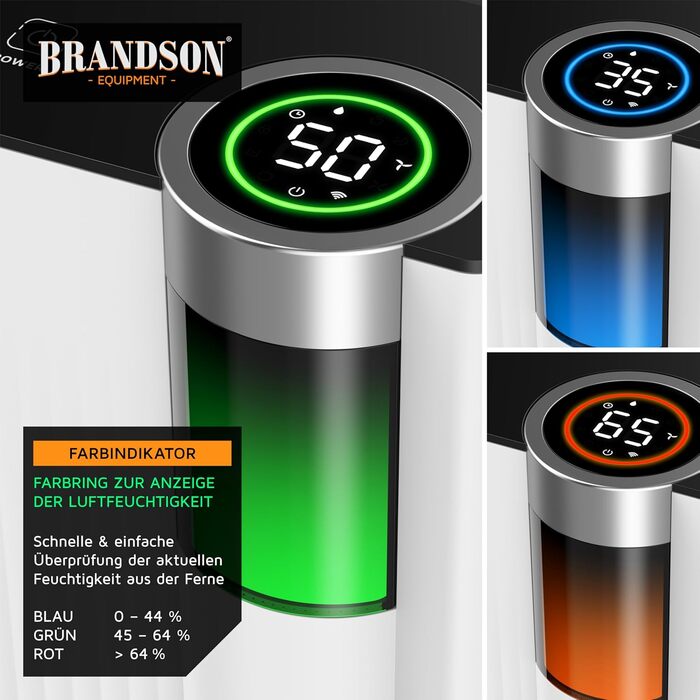 Електричний осушувач повітря Brandson з компресором, 12 літрів, Wi-Fi, з додатком, таймер, відвід води через шланг, захист від замерзання, білий