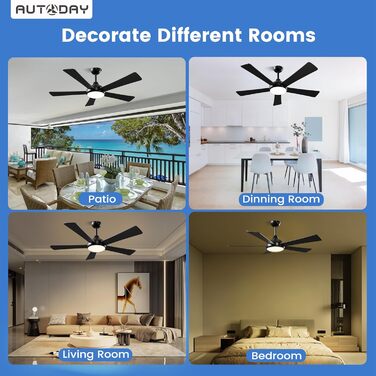 Дерев'яний стельовий вентилятор з підсвічуванням, LED 24W, тихий DC-двигун 38W, 132 см, з пультом дистанційного керування, 6 швидкостей, таймер, (Чорний)