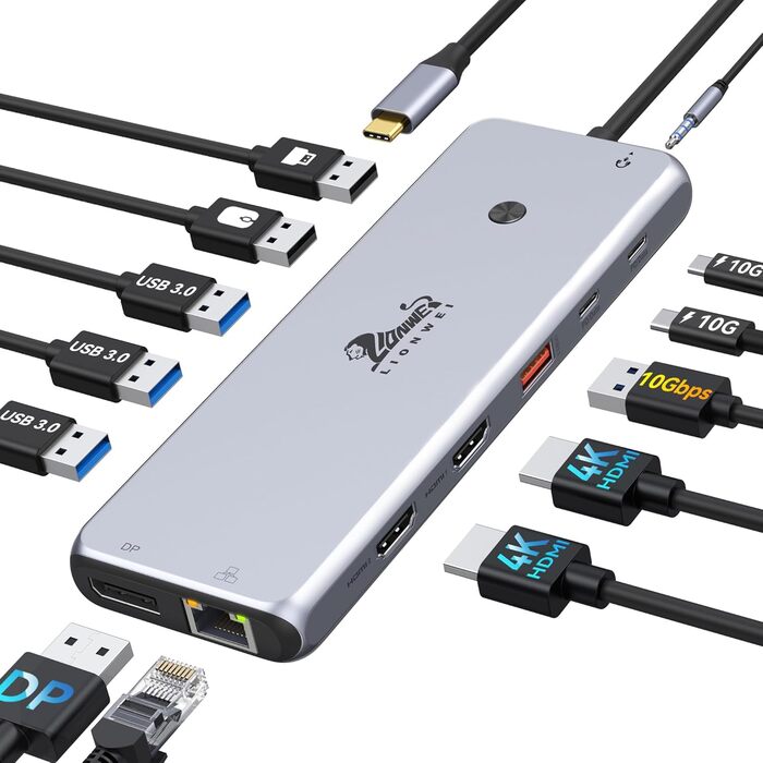 Док-станція USB-C 13-в-1 для ноутбуків: Dual Monitor, HDMI, DisplayPort, USB 3.0, Ethernet, PD 100W, SD/TF, Audio/Mic (сірий)