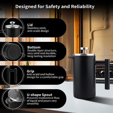 Make Large French Press Coffee Maker, Double Insulated 304 Stainless Steel French Press with 3 Extra Filters, 1.5 Liter Stainless Steel Coffee Machine (1500ml, Black) 1500ml Black