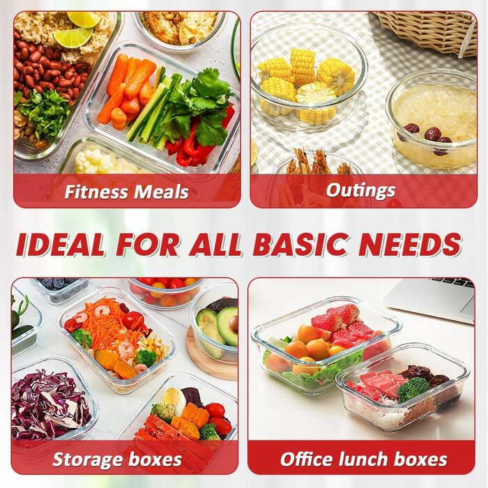 Набір контейнерів Verones 24 шт. з кришками, повітряний, скляний, для обіду, червоний