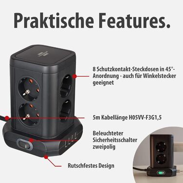 Стеждова тумба Brennenstuhl 8 розеток з USB, чорна (2м кабель)