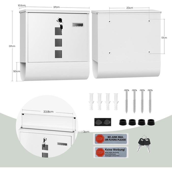 Поштовий ящик WOLTU з газетницею та вікном, персоналізований, з ключем, білий 37x37x10.5 см