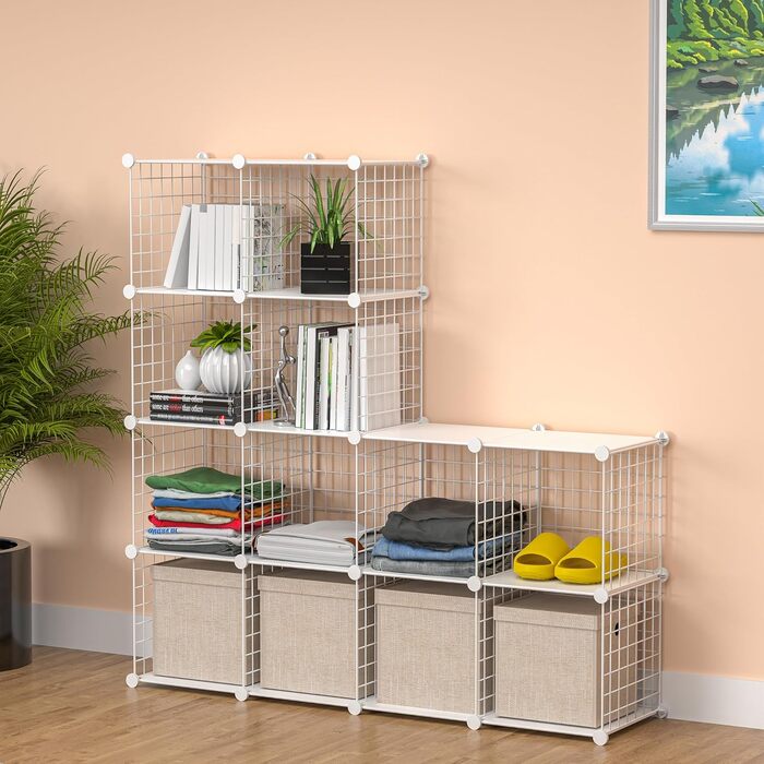TUMUCUTE Storage Shelf with 9 Cubes, Plastic, Closet, Modular, Bookshelf, Storage Shelves for Bedroom, Living Room, Office, (White Plus Iron, 12 Cubes)
