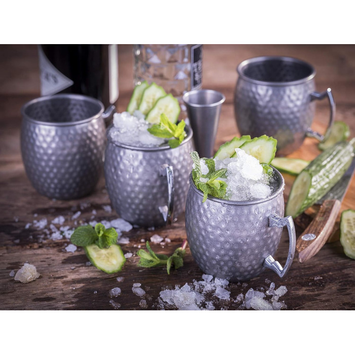 Набір для коктейлів Buddy's Bar Moscow Mule: 2 мідні келихи 500 мл, барна ложка 27 см, джигер 5 cl, чорна преса для лайма, подарункова упаковка, харчова нержавіюча сталь, 4 предмети